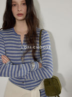 Lofi choose Wool Blend Slim Fit Striped Commuter Women Button Front Knitwear Cardigans