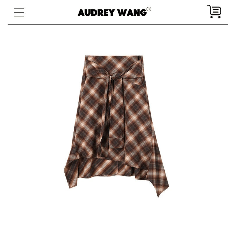 audreyyang_Brushed_Cotton_Sunset_Orange_Belted_Plaid_Cardigan_Women_Top_&_Skirt_Sets_MISSTT