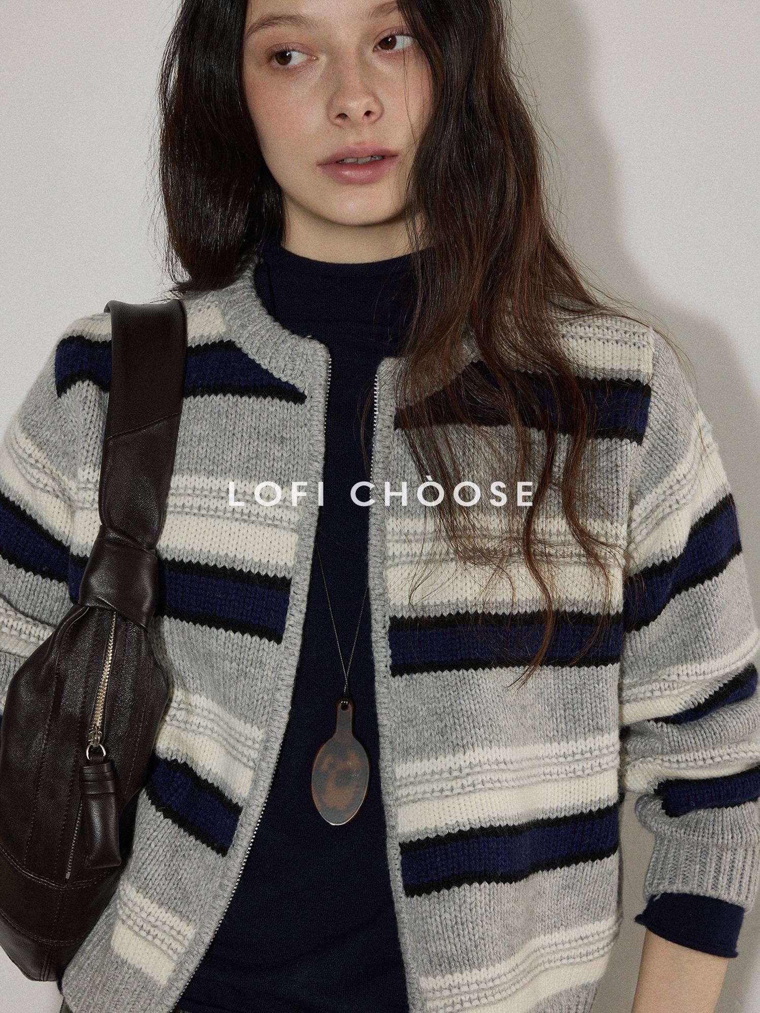 Lofi choose Soft Wool Blend Commuter Loose Fit Colorblock Zip Knit For Women Cardigans