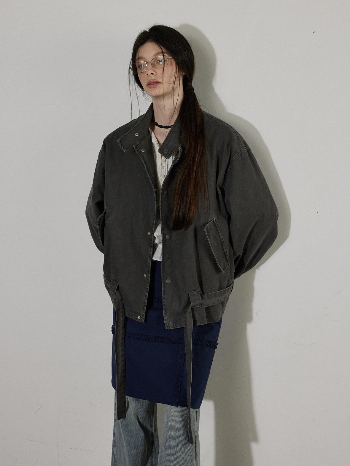 Lofi choose Breathable Drawstring Oversized Commuter Women Button Mud Gray Denim Jackets