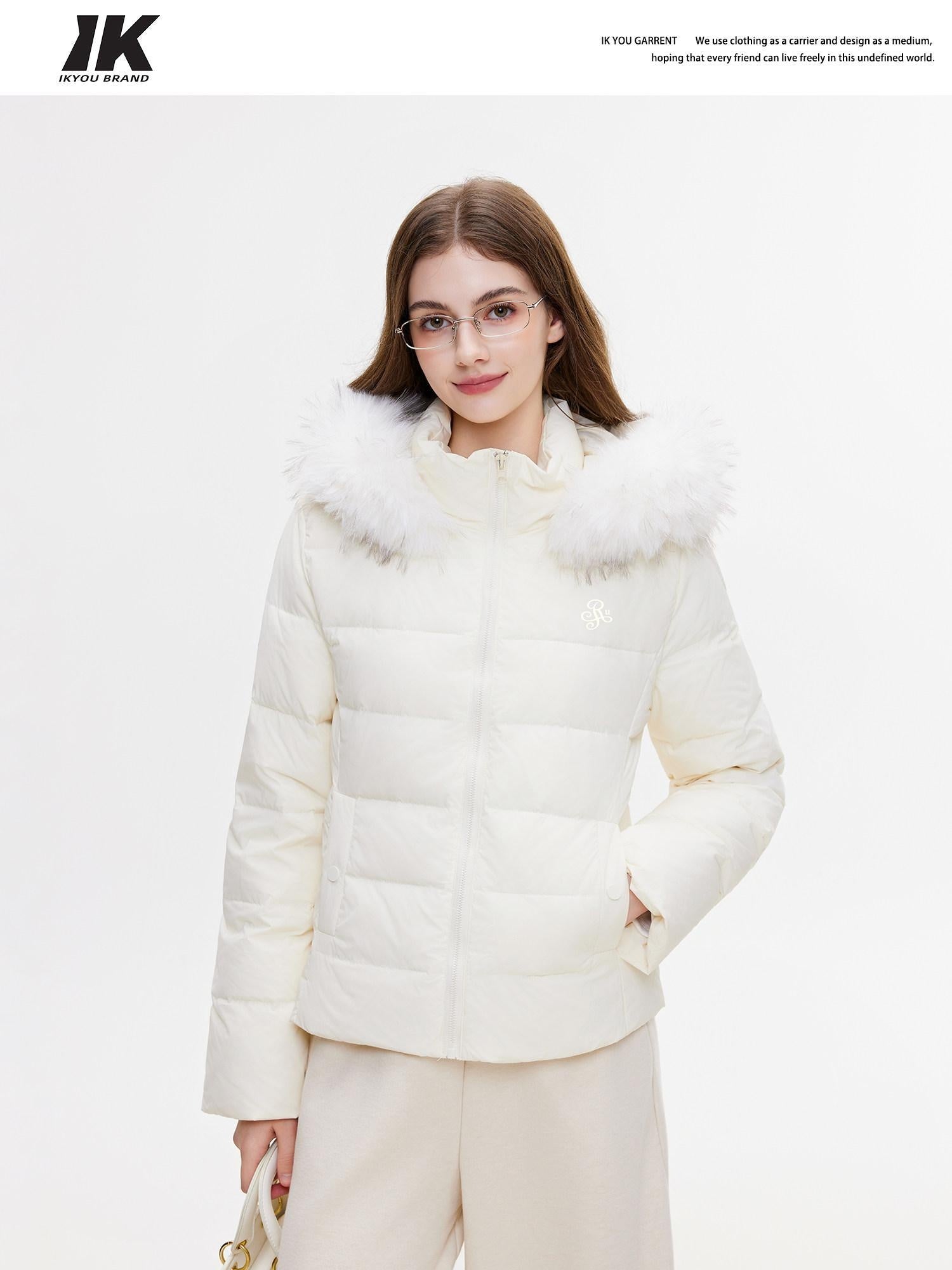 ikyou 90% White Duck Down Warm Minimalist Slim Hooded Fur Collar Women Down Jackets