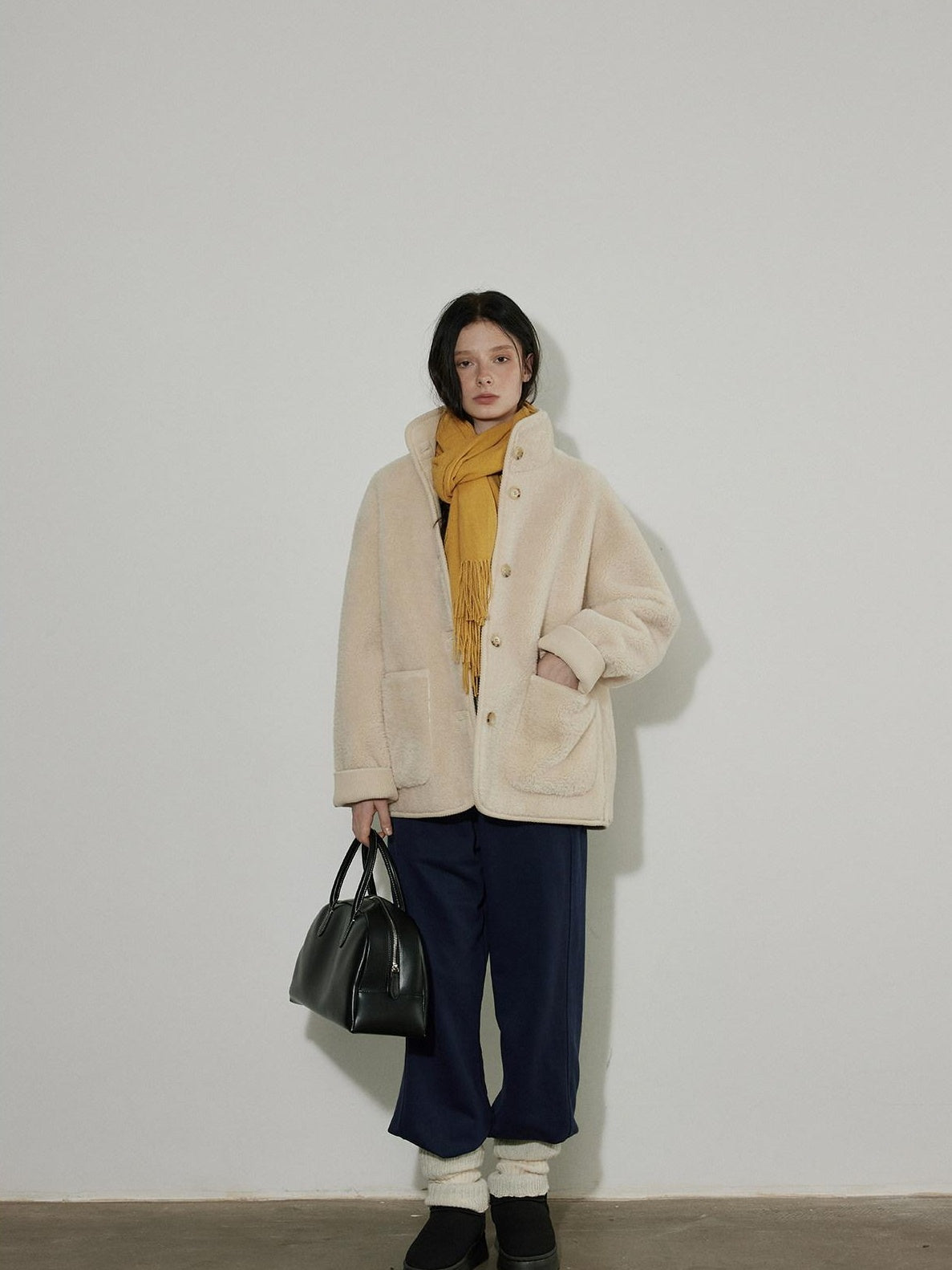 Lofi choose Thick Fleece Lined Warm Loose Fit Commuter Coat For Women Ivory Long Coats
