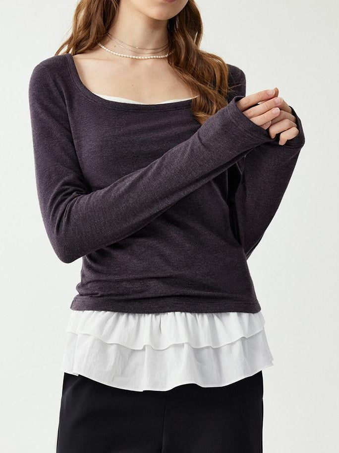 fano Rayon Spandex Slim Fit Korean Office Crew Neck Black Grey Long Sleeve T-Shirts