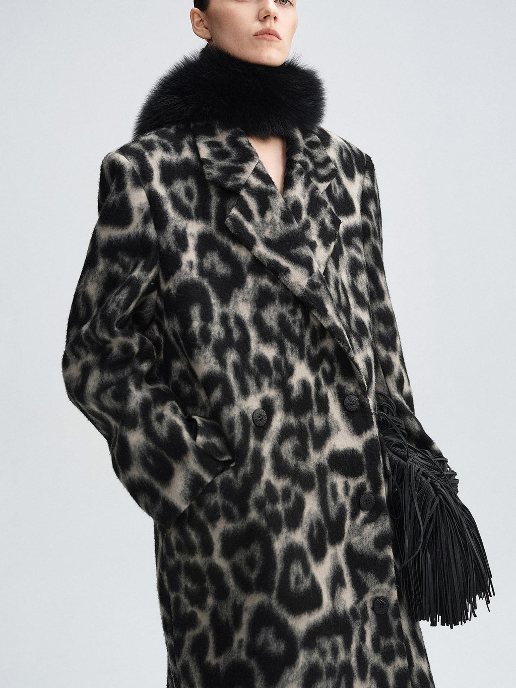 audreyyang Thick Wool Blend Retro Loose Leopard Double Breasted Lapel Long Coats