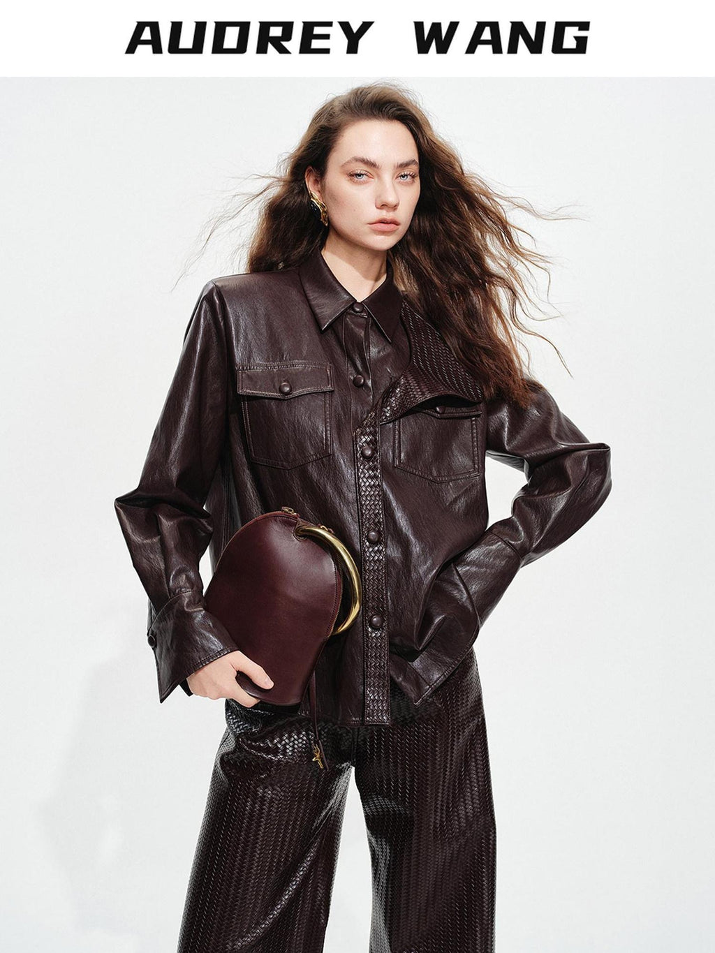 audreyyang Premium Pu Leather Lapel Long Sleeve Tailored Womens Black Wine Leather Jackets