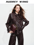 audreyyang Premium Pu Leather Lapel Long Sleeve Tailored Womens Black Wine Leather Jackets