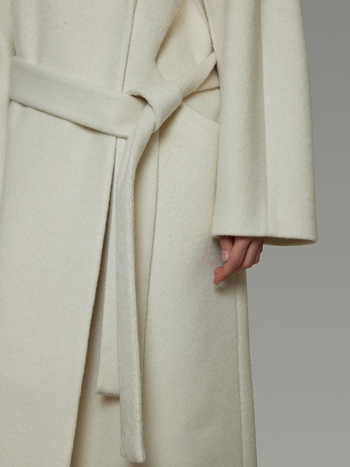 unspoken Lambswool Blend Tie Waist Oversized Commuter Longline White Wool Coats
