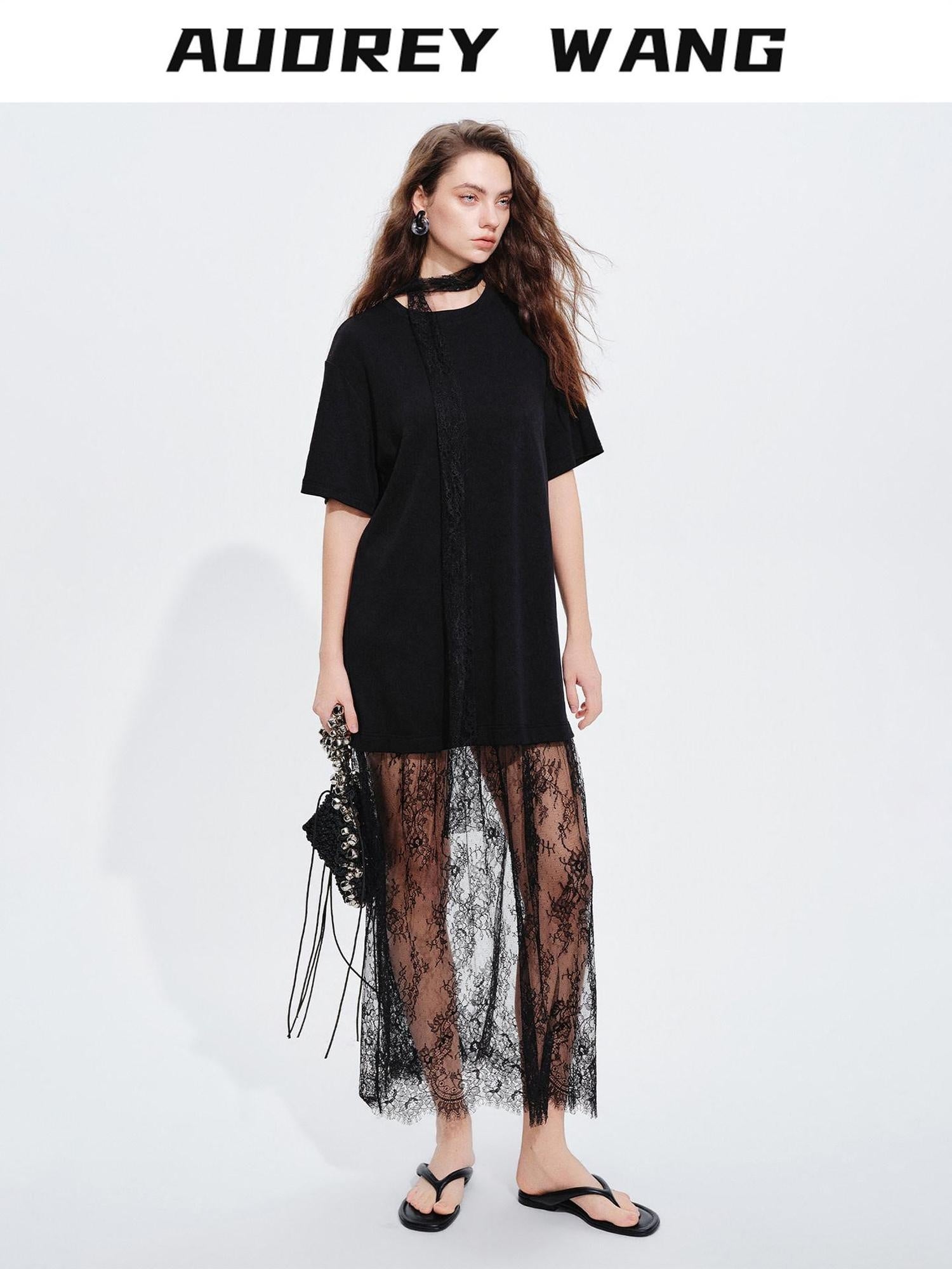 audreyyang Patchwork Polyester H Shift Loose Short Sleeve Crew Neck Everyday Midi Dresses
