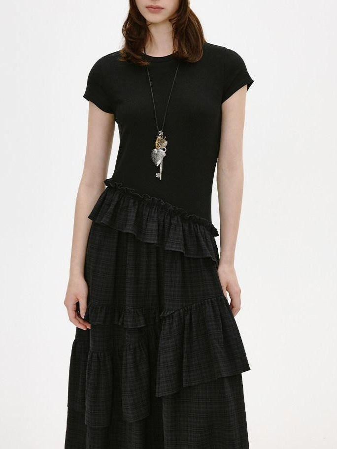 fano Breathable Viscose A Line Plaid Short Sleeve Korean Commuter Casual Maxi Dresses