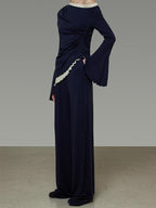 unspoken Navy Tencel Slim Fit Knit Round Neck High Waist Casual Women Top & Skirt Sets