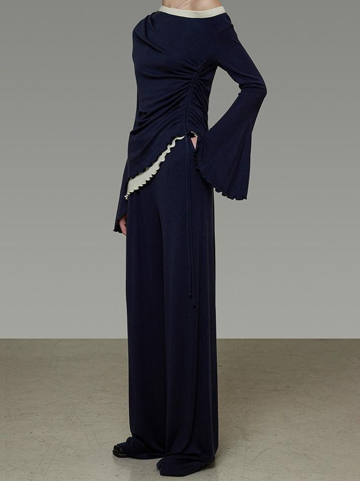 unspoken Navy Tencel Slim Fit Knit Round Neck High Waist Casual Women Top & Skirt Sets