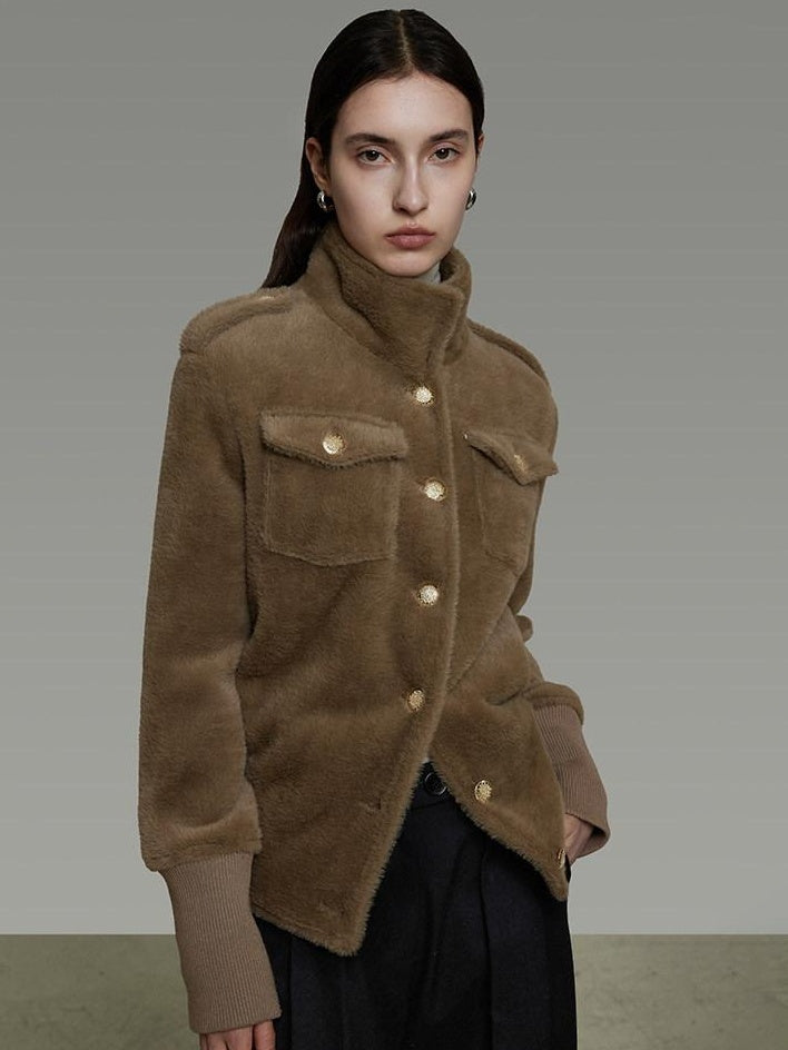 unspoken Thick Warm Stand Collar Slim Fit Minimal Office Brown Nylon Blend Short Coat