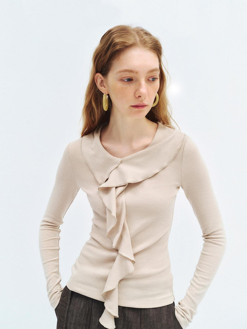 someonesometimes Soft Stretch Knit Slim Fit Casual V-neck Women Sand Long Sleeve T-Shirts