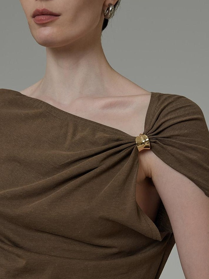 unspoken Eco Hemp Cotton 3D Detail Slim Fit Asymmetric Neck Brown Off Shoulder Crop Tops