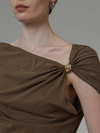 unspoken Eco Hemp Cotton 3D Detail Slim Fit Asymmetric Neck Brown Off Shoulder Crop Tops