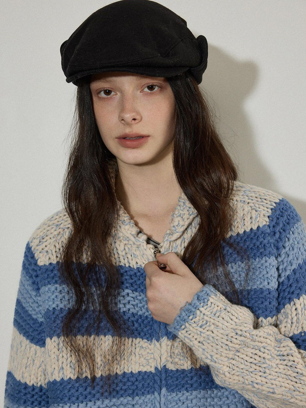 Lofi choose Acrylic Wool Blend Colorblock Striped Lapel Loose Fit Women Zip Front Cardigans