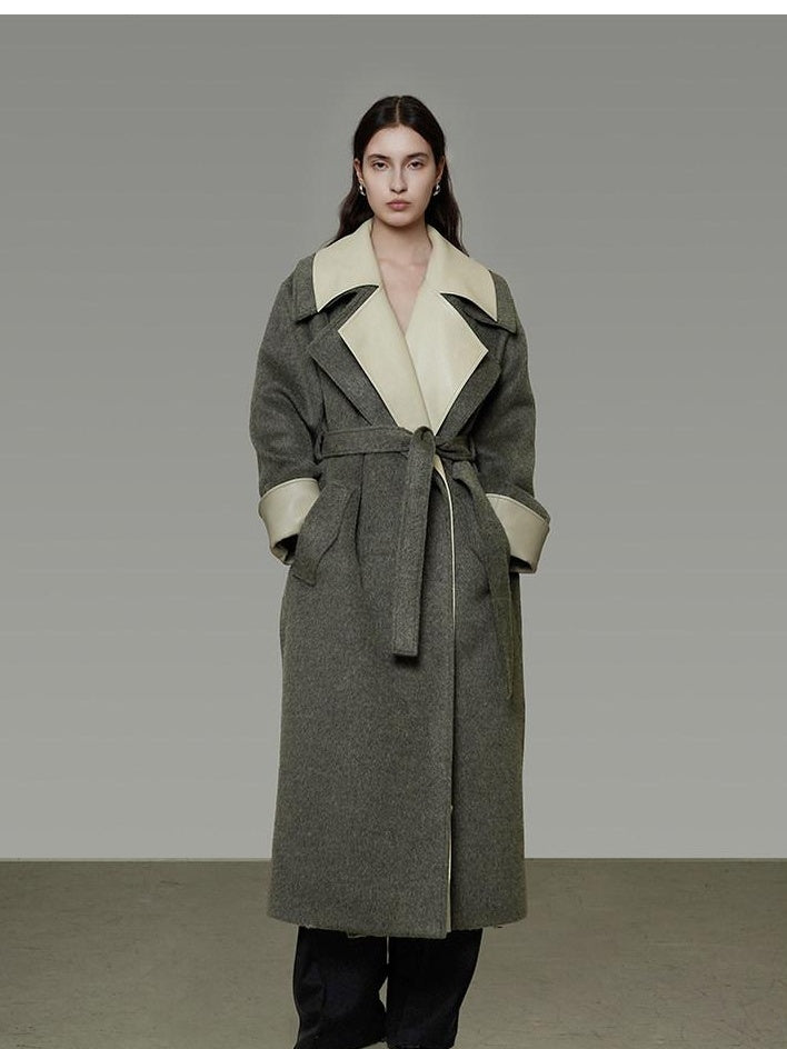 unspoken Minimal Commuter Oversized Long Notch Collar Olive Green Wool Blend Wool Coats