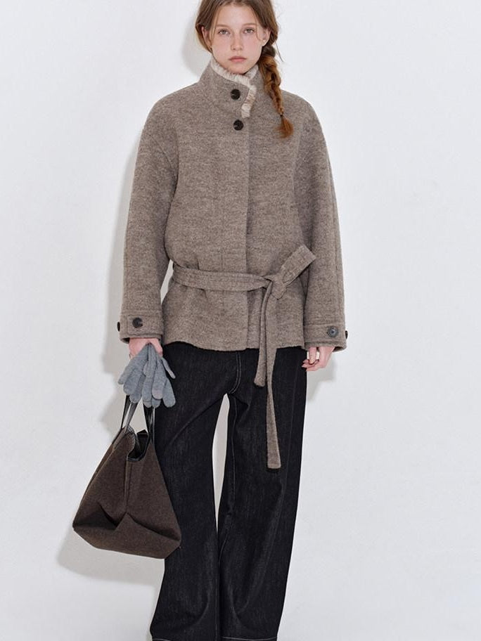 fano 70 Wool 30 Polyester Light Brown Women Korean Commuter Stand Collar Wool Coats