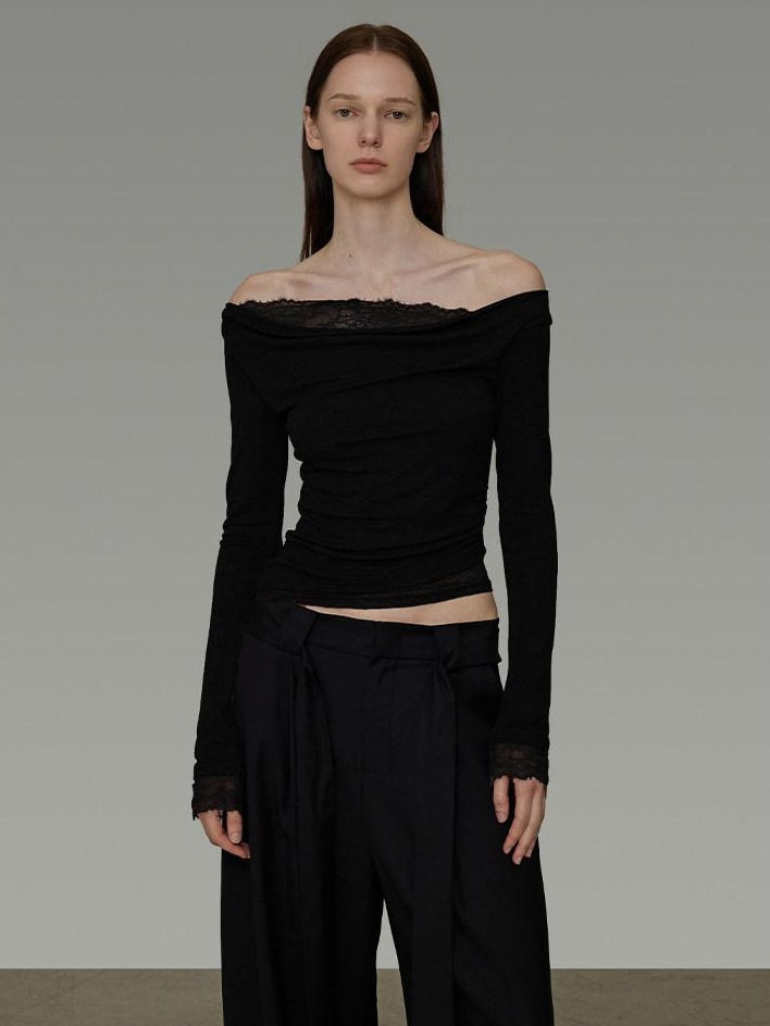 unspoken Lace Patchwork Off Shoulder Slim Fit Casual Knit Long Sleeve Black Blouses