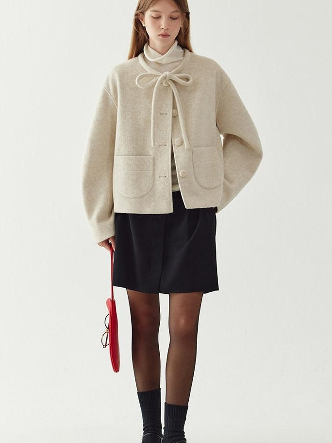 fano Wool Blend Minimal Single Breasted Vneck Pockets Women Cropped Jackets