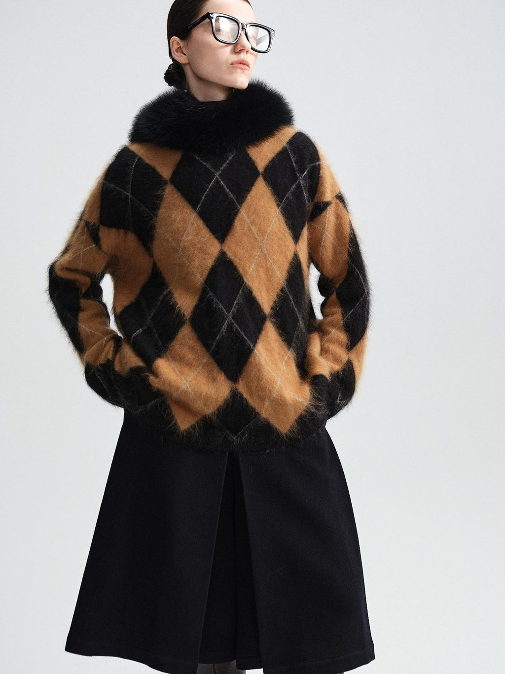 audreyyang Thick Wool Cashmere Vintage Straight Fit Brown Diamond Knit Women Sweaters