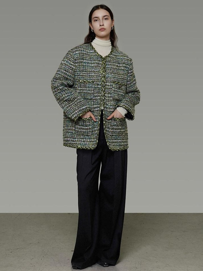 unspoken Lambswool Blend Structured Commuter Round Neck Relaxed Green Wool Coats