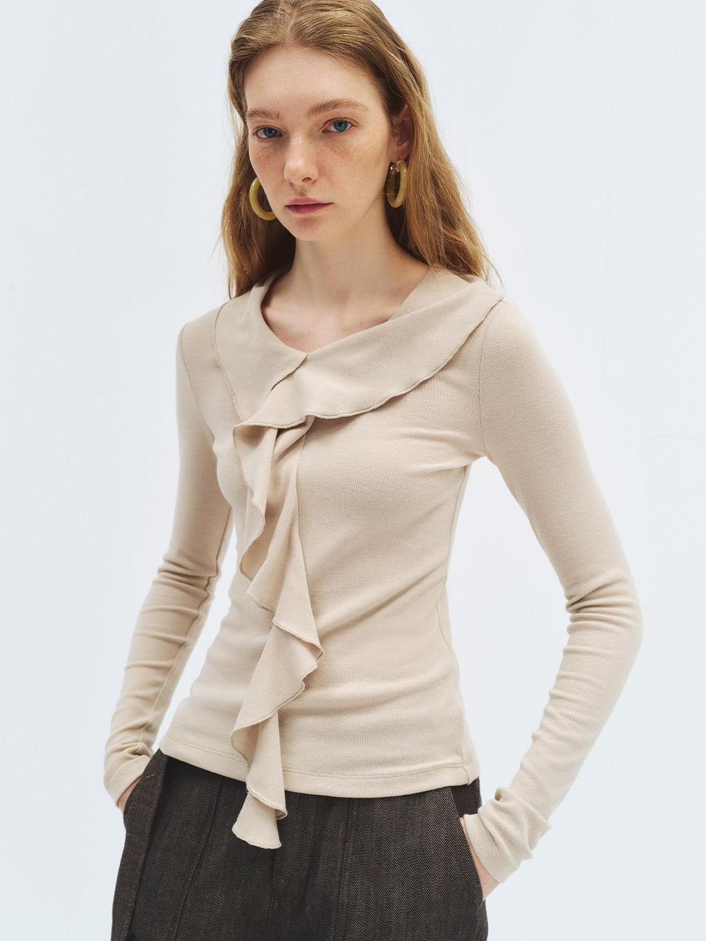 someonesometimes Soft Stretch Knit Slim Fit Casual V-neck Women Sand Long Sleeve T-Shirts