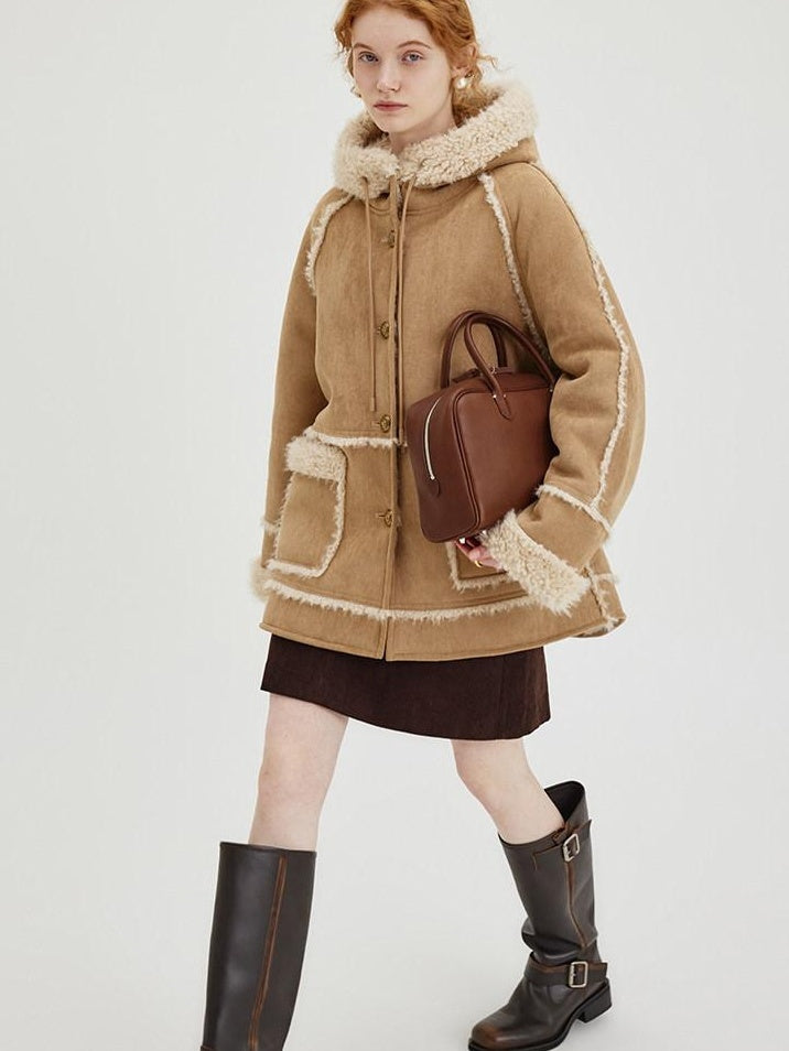 fano Warm Wool Blend Hooded Loose Patchwork Womens Commuter Long Coats