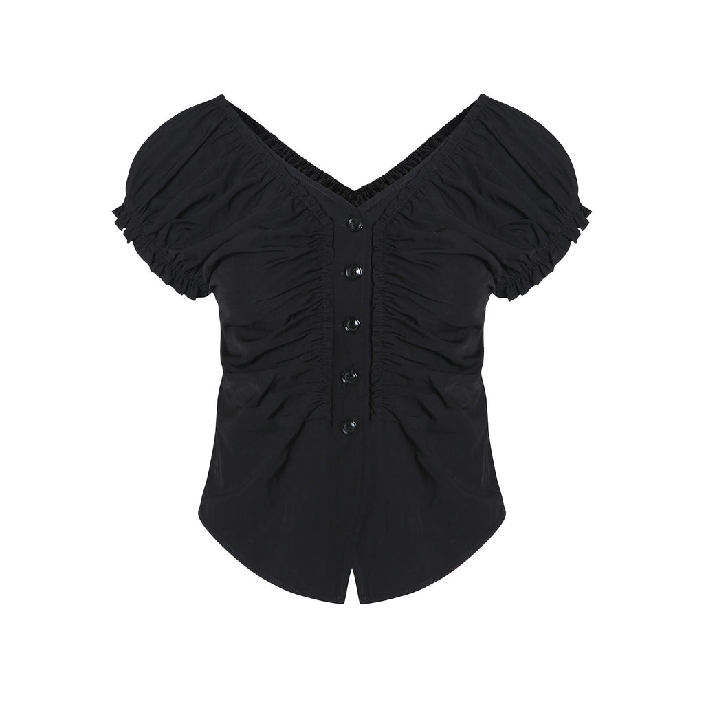 fano_Sleek_Black_V-neck_Button_Short_Sleeve_Two_Piece_Chic_Women_Top_&_Skirt_Sets_MISSTT