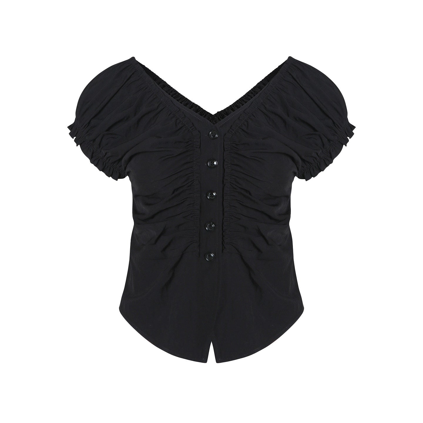 fano_Sleek_Black_V-neck_Button_Short_Sleeve_Two_Piece_Chic_Women_Top_&_Skirt_Sets_MISSTT
