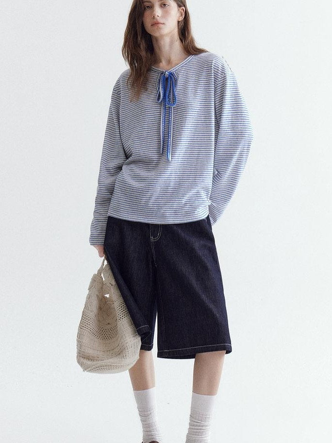 fano Space Cotton Blue White Fine Stripe Office Women Long Sleeve T-Shirts