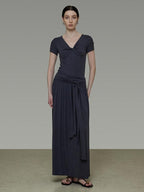 unspoken Lyocell Blend V-neck Slim Fit Minimal Workwear Women Solid Color Maxi Dresses