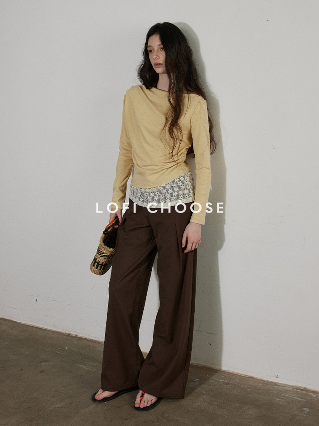 Lofi choose Cream Knit Paneled Relaxed Fit One Shoulder Women Long Sleeve T-Shirts