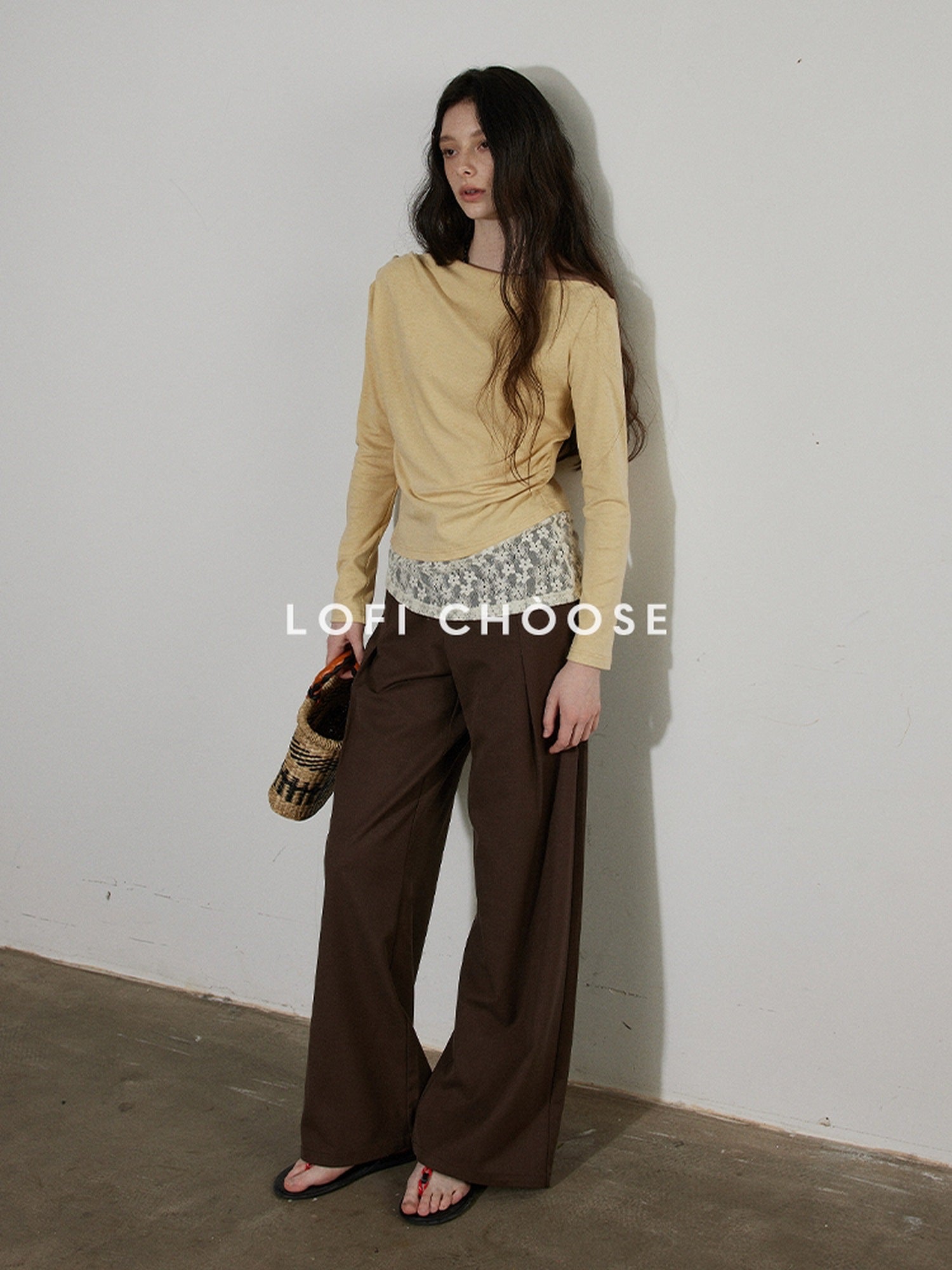 Lofi choose Cream Knit Paneled Relaxed Fit One Shoulder Women Long Sleeve T-Shirts