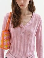 fano Soft Bubblegum Pink Slim Korean V-neck Long Sleeve Women Acrylic Sweaters