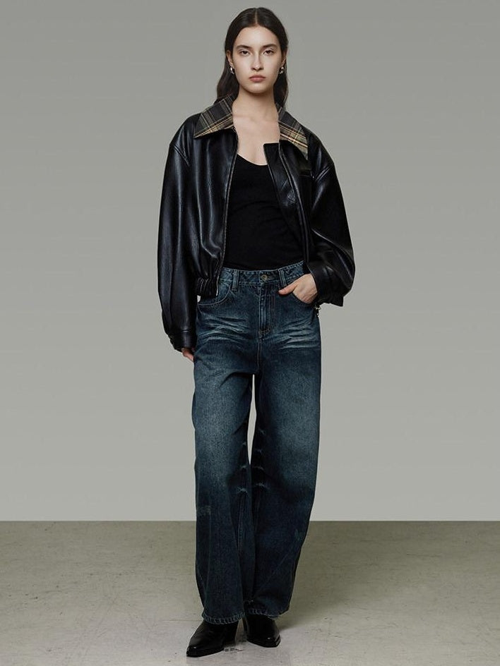 unspoken Commuter Loose Cropped Colorblock Patchwork Lapel Zipper Leather Jackets