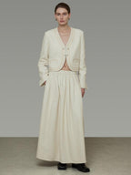 unspoken Cropped V-neck Blazer Tailored Slim High Waist Cotton Office Top & Skirt Sets