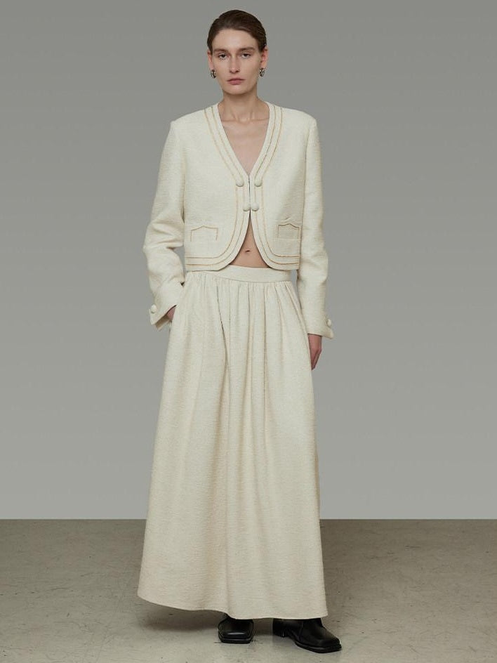 unspoken Cropped V-neck Blazer Tailored Slim High Waist Cotton Office Top & Skirt Sets
