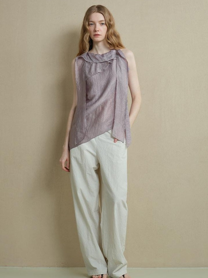 someonesometimes Asymmetrical Fringe Slim Fit Strap Solid Silver Purple Long Sleeve Crop Tops