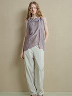 someonesometimes Asymmetrical Fringe Slim Fit Strap Solid Silver Purple Long Sleeve Crop Tops