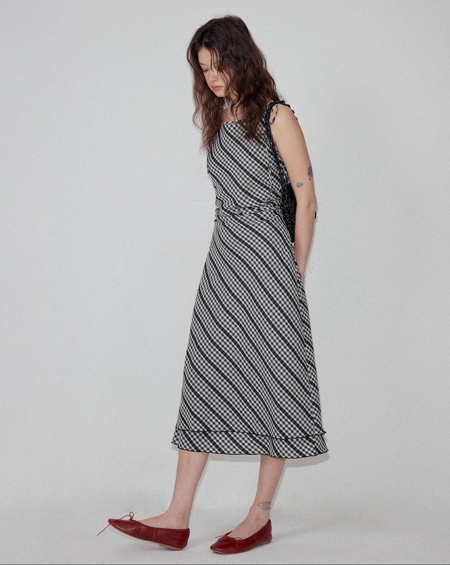 fano Plaid Waist Defining Korean Office A Line Round Neck Casual Women Maxi Dresses