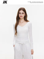 ikyou Breathable V-neck Slim White Pullover Women Cropped Long Sleeve Crop Tops