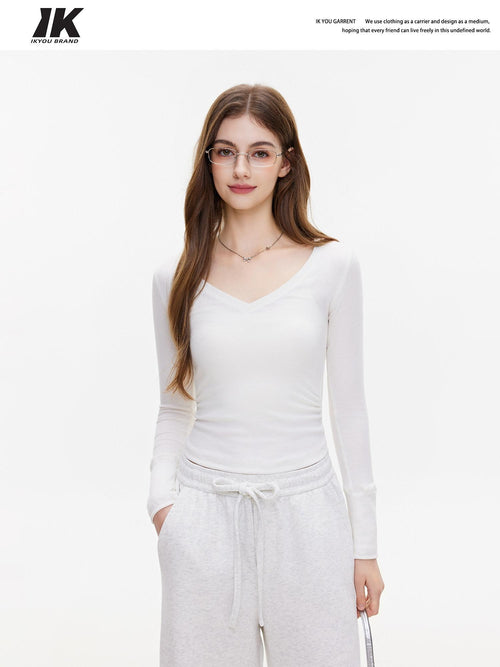 ikyou Breathable V-neck Slim White Pullover Women Cropped Long Sleeve Crop Tops