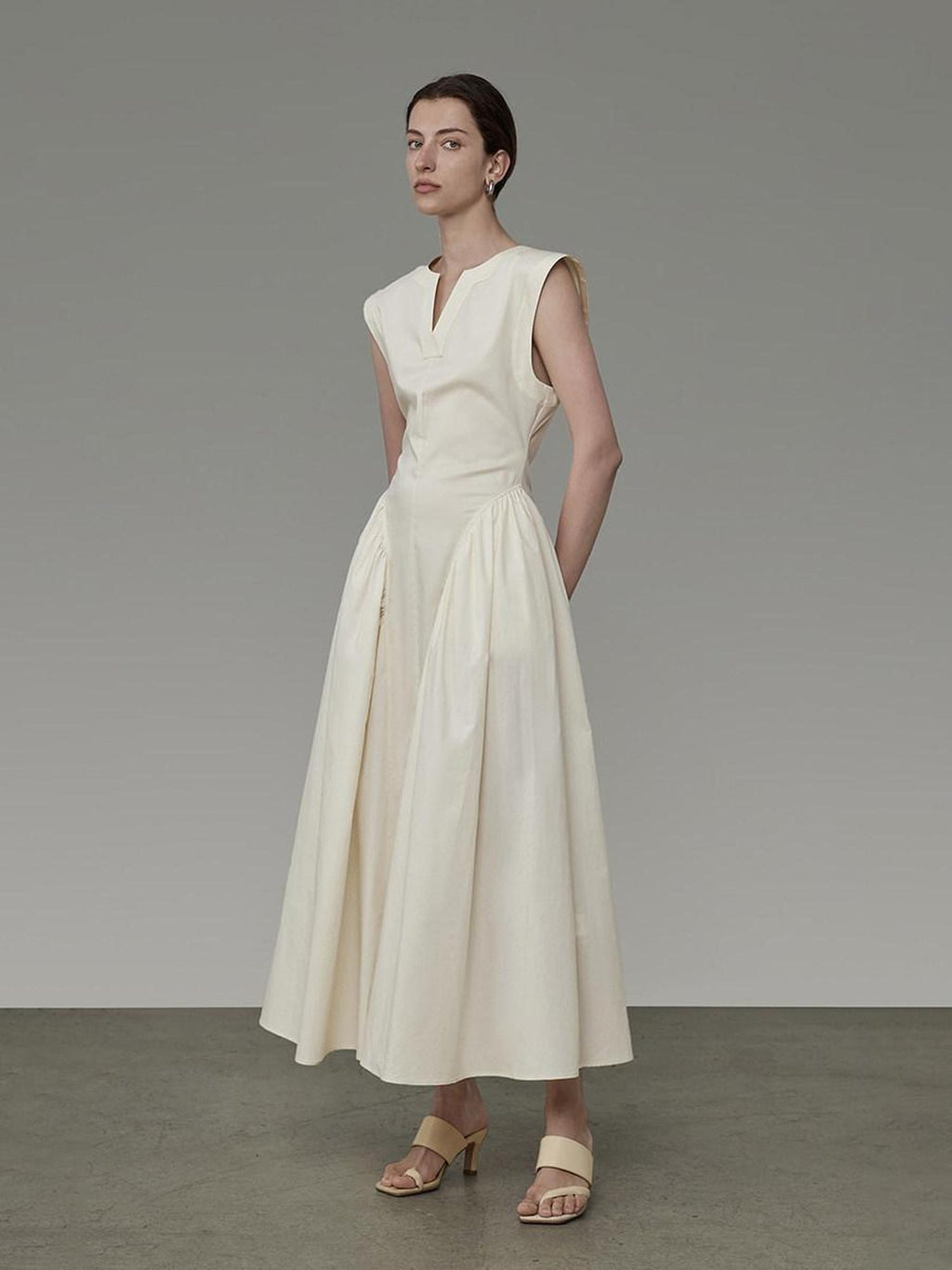 unspoken High Waist Colorblock V-neck Sleeveless Workwear A Line Cotton Maxi Dresses