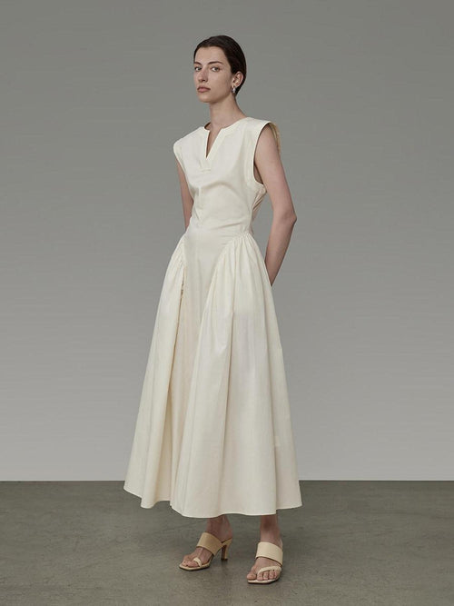 unspoken High Waist Colorblock V-neck Sleeveless Workwear A Line Cotton Maxi Dresses