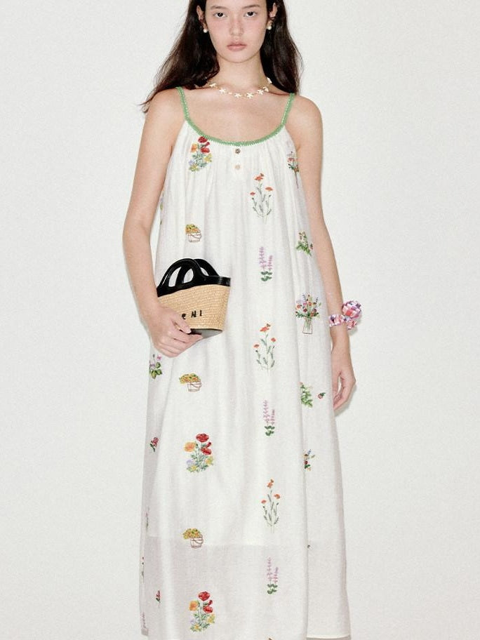 fano Viscose Linen Blend Printed A Line Sleeveless Camisole Young Women Maxi Dresses