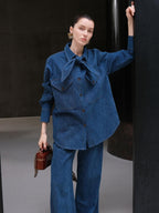 audreyyang Vintage Bow Loose Fit Cotton Lapel Patch Pocket Casual Women Denim Jackets