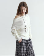 fano Minimalist Office Regular Asymmetric Neck Batwing Sleeve Women Nylon Sweaters