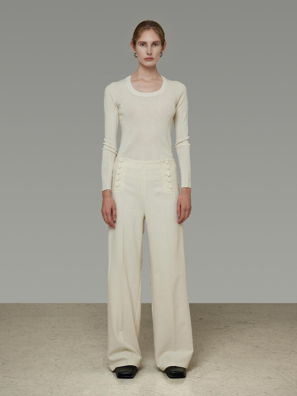 unspoken Breathable High Waist Button Detail Minimal Womens Office White Wide Leg Pants