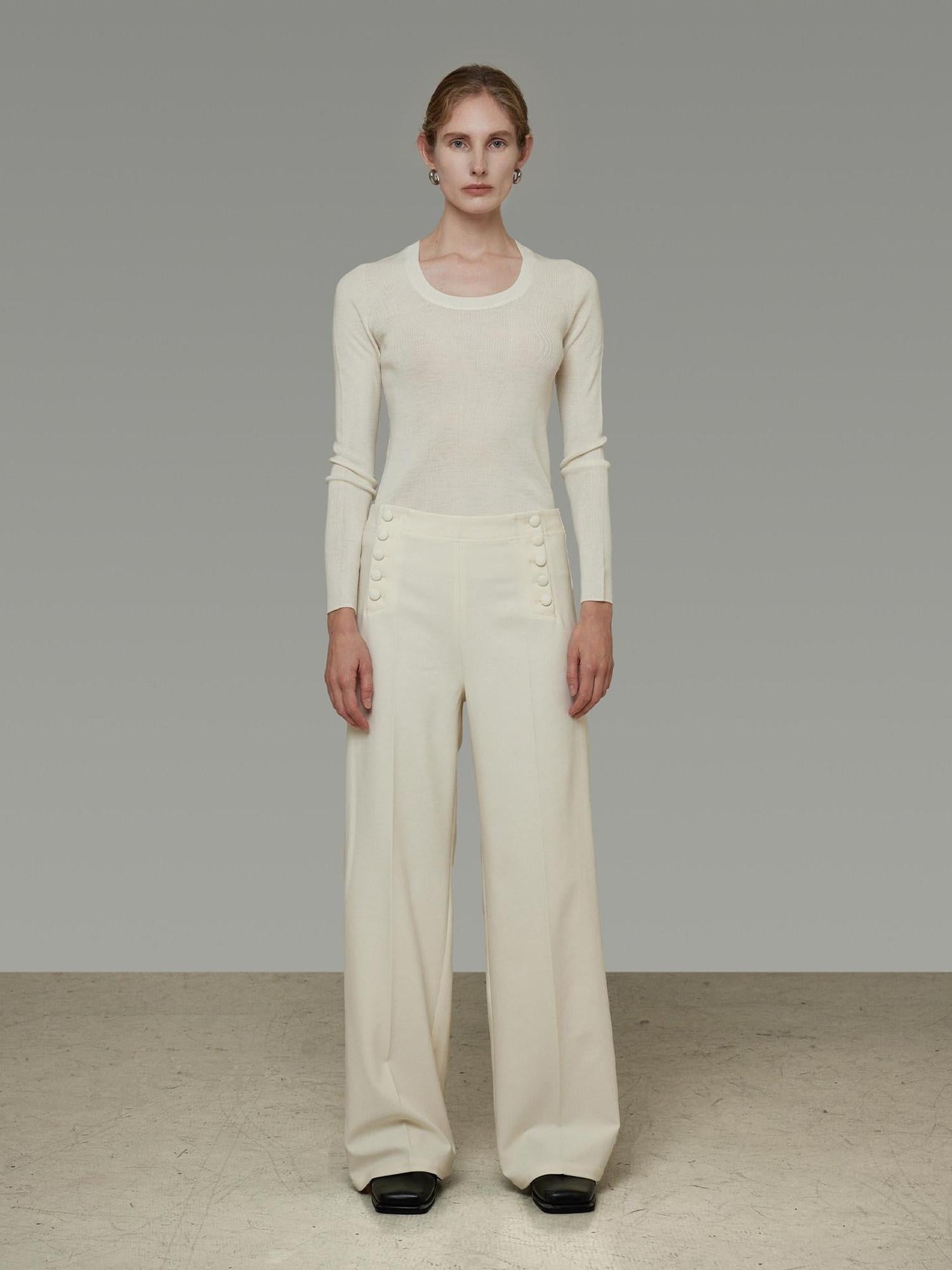 unspoken Breathable High Waist Button Detail Minimal Womens Office White Wide Leg Pants